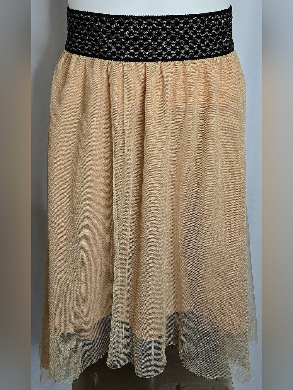 Miss Me Champagne Beige Tulle Mesh Boho High-Low Midi Skirt Crochet Waist NWOT L